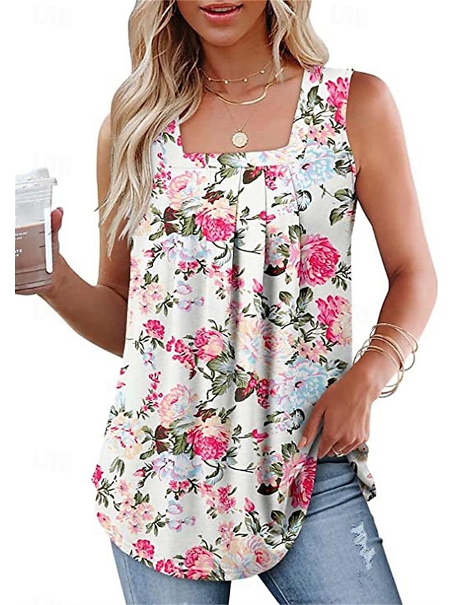  Women's Tank Top Floral Print Casual Holiday Fashion Sleeveless Square Neck Yellow Summer