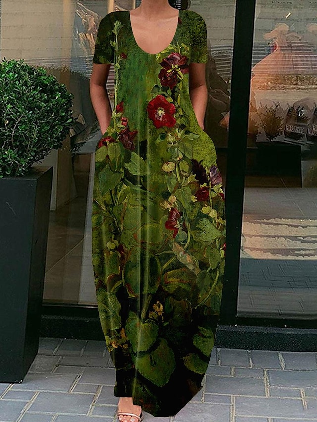  Γυναικεία Καθημερινό φόρεμα Φόρεμα ριχτό Λουλούδι Τσέπη Στάμπα Λαιμόκοψη V Μακρύ φόρεμα Καθημερινό Καθημερινά Κοντομάνικο Άνοιξη Φθινόπωρο