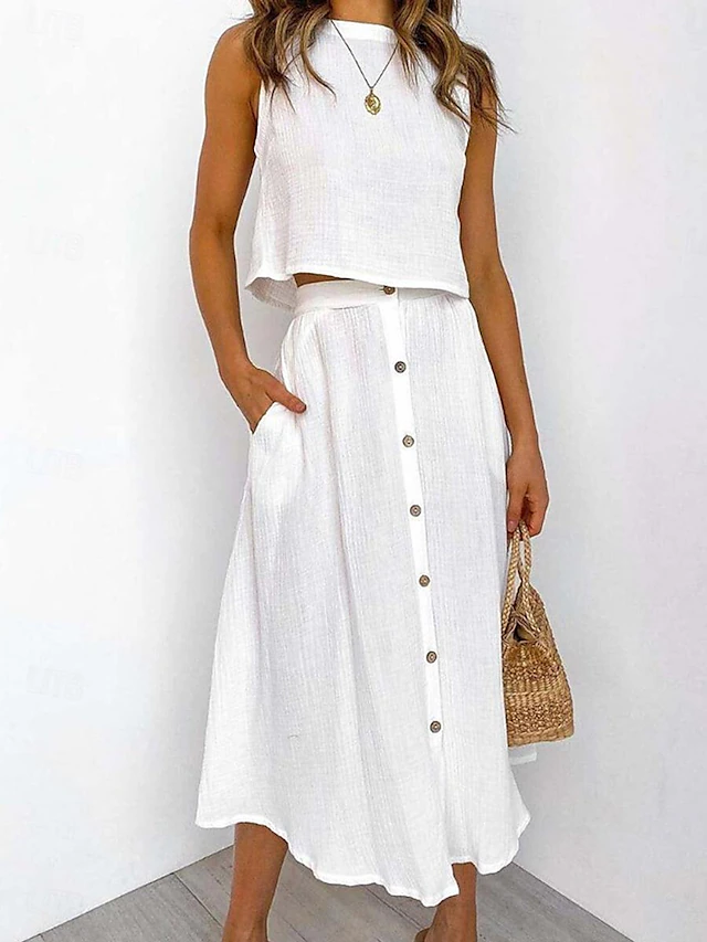 Women's Skirt A Line Basic Casual Maxi High Waist Skirts Solid Colored Pocket Casual Daily Weekend White Yellow Pink Red Summer Cotton 9