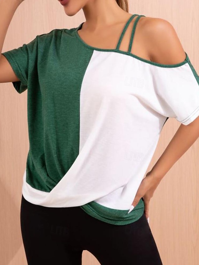  T-shirt Dame Gul Rosa Grøn Farveblok Assymetrisk søm Kolde skulder Gade Daglig Mode Etskuldret Regulær S