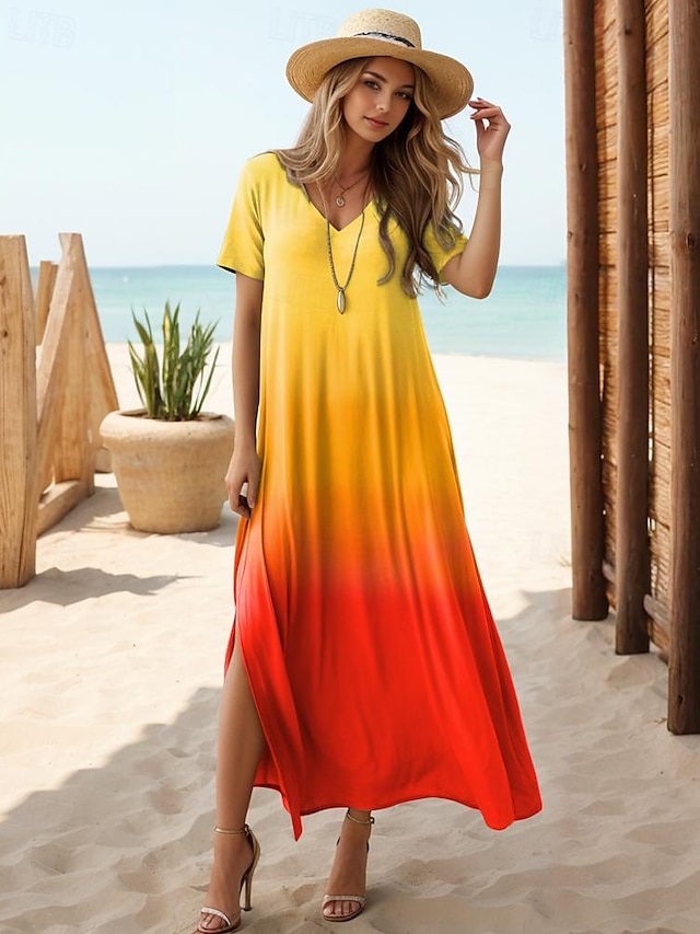  Women's Cotton Casual Dress Ombre Rainbow Split Thigh V Neck Long Dress Maxi Dress Tropical Vacation Short Sleeve Summer