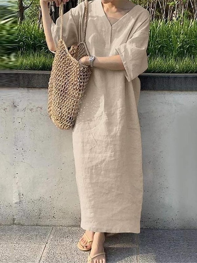  Női hétköznapi ruha Pamut nyári ruha Maxiruha Len Alap Alap Napi V-alakú Féhosszú Nyár Tavasz Sötétkék Narancssárga Sima