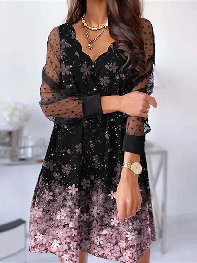 Women's Casual Dress Floral Mesh Patchwork Scalloped Neck Mini Dress Vacation Long Sleeve Summer 6