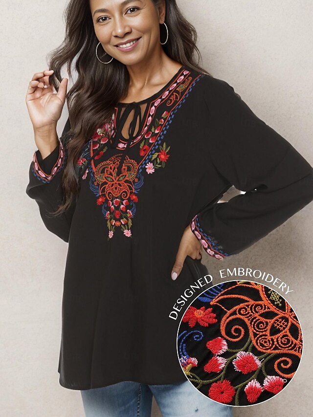  Women's Embroidered Blouse Long Sleeve Floral Boho Ethnic Mexican Tops Peasant Shirts
