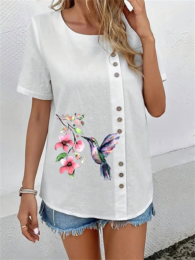  Mujer Camisa Blusa Floral Botón Estampado Casual Moda Ropa de calle Manga Corta Cuello Barco Blanco Verano