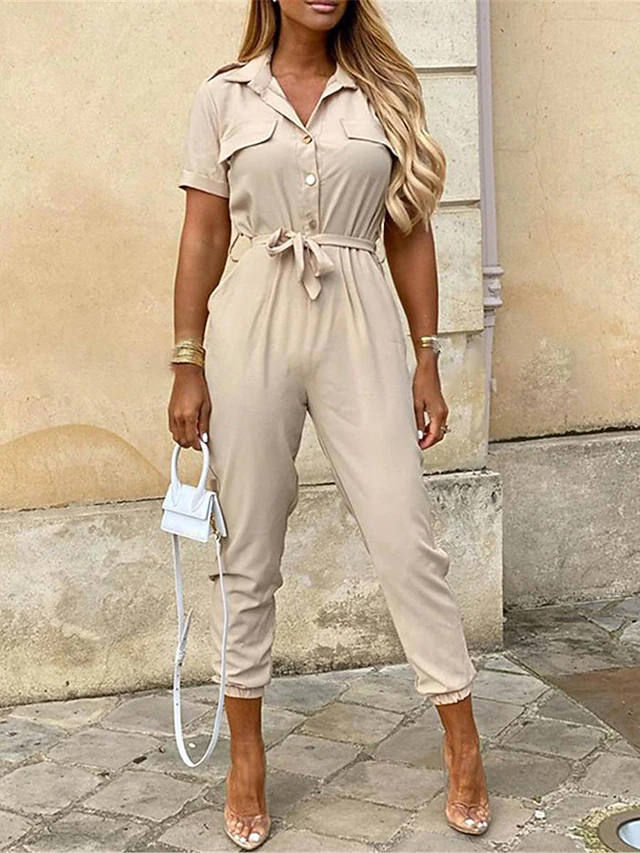 Women's Normal Jumpsuit Streetwear Solid Color Short Sleeve Shirt Collar Pocket Drawstring Street Daily Regular Fit Black White Wine Summer 11