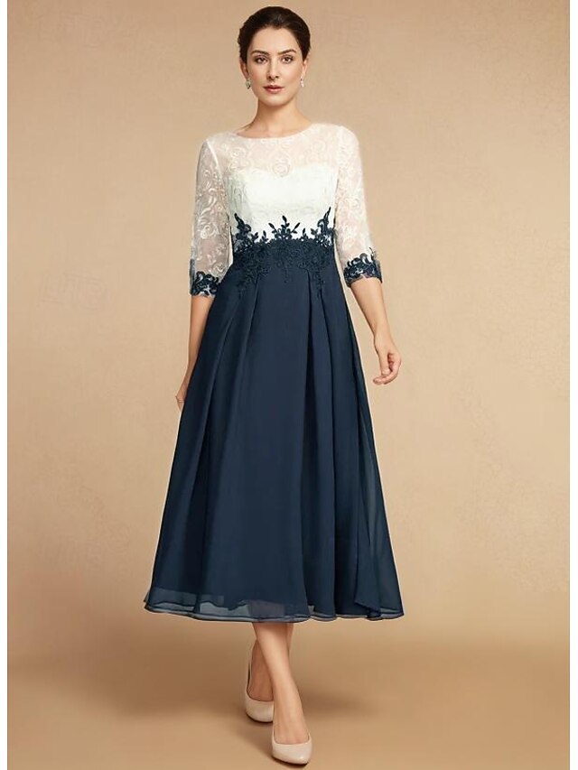 A-Line Mother of the Bride Dress Wedding Guest Elegant Vintage Jewel Neck Tea Length Chiffon Lace Half Sleeve with Lace Appliques Color Block4