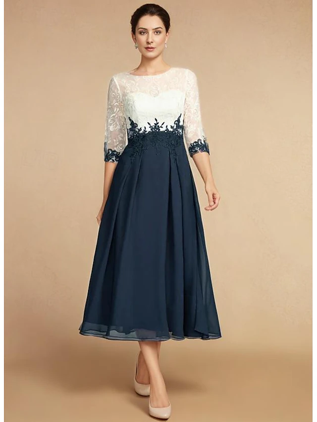A-Line Mother of the Bride Dress Wedding Guest Elegant Vintage Jewel Neck Tea Length Chiffon Lace Half Sleeve with Lace Appliques Color Block4