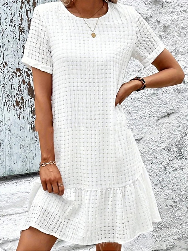  Women's White Dress Mini Dress Ruffle Eyelet Date Streetwear Basic Crew Neck Short Sleeve White Color