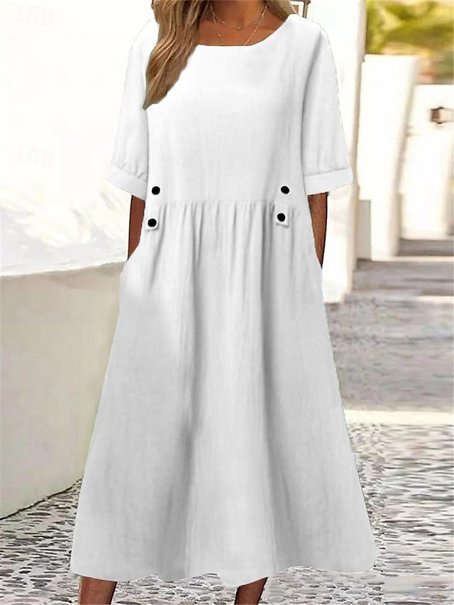  Women's White Dress Casual Dress Cotton Linen Dress Midi Dress Button Pocket Basic Daily Crew Neck Half Sleeve Summer Spring White Purple Plain
