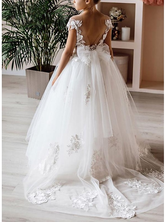  Ball Gown Floor Length Flower Girl Dress First Communion Girls Cute Prom Dress Lace with Sash / Ribbon Boho Tutu Fit 3-16 Years