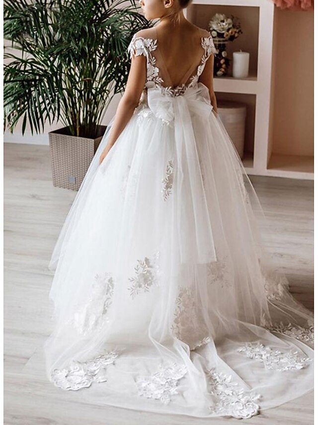 Ball Gown Floor Length Flower Girl Dress First Communion Girls Cute Prom Dress Lace with Sash / Ribbon Boho Tutu Fit 3-16 Years dress to impress3