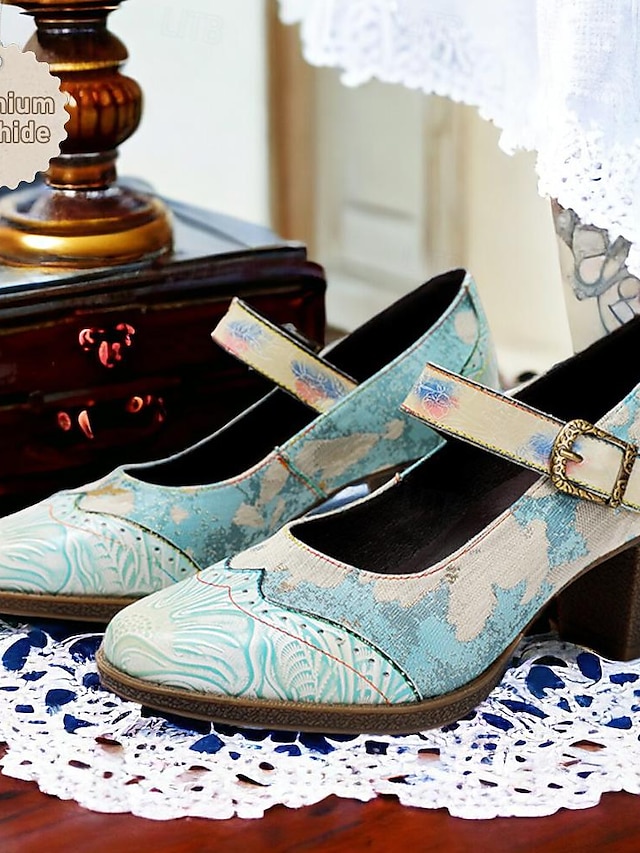  Damen Absätze Pumpen Handgefertigte Schuhe Vintage-Schuhe Hochzeit Party Farbblock Konischer Absatz Runde Zehe Elegant Vintage Leder Schnalle Hellblau