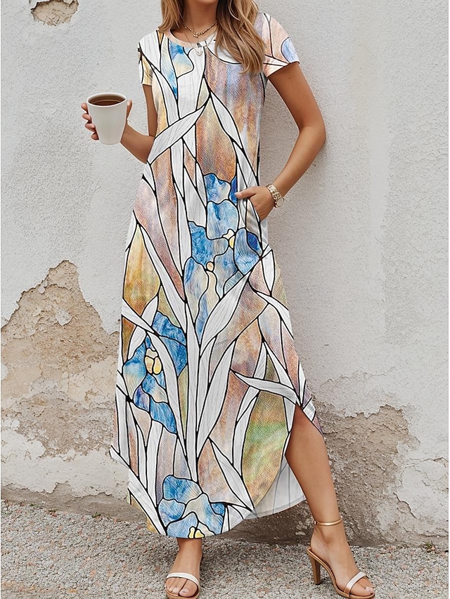  Women's Split Print Crew Neck Long Dress Maxi Dress Date Short Sleeve Summer