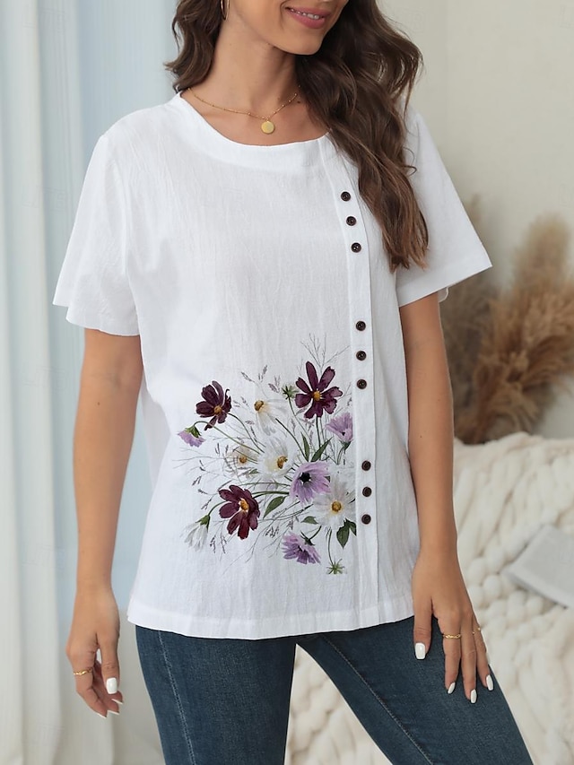  Mulheres Camisa Social Blusa Floral Casual Feriado Botão Imprimir Branco Manga Curta Moda Decote Redondo Verão