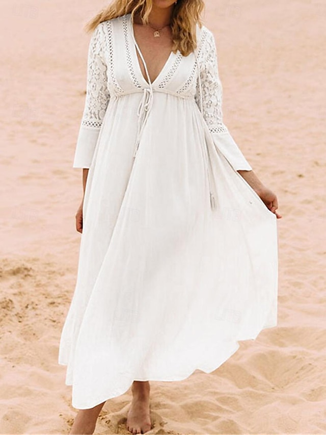  Γυναικεία Λευκό φόρεμα Μακρύ Φόρεμα Μάξι Φόρεμα Δαντέλα Κουρελού Διακοπές Παραλία Κομψό στυλ street Μάξι Λαιμόκοψη V 3/4 Μήκος Μανικιού Μαύρο Λευκό Χρώμα