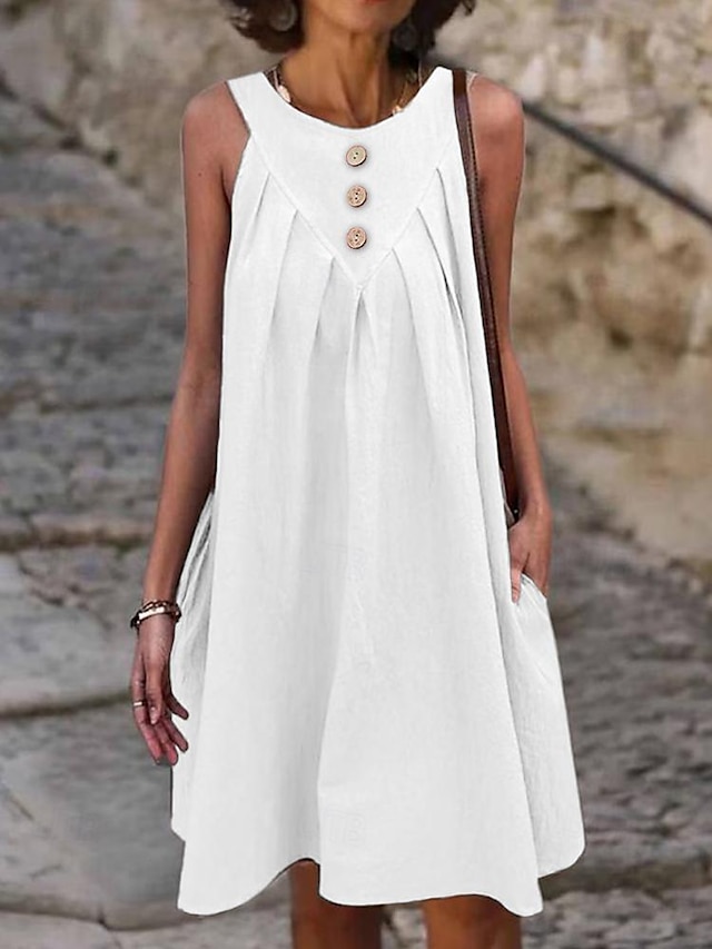  Damen Weißes Kleid Midikleid Leinen Patchwork Taste Arbeit A-Linie Rundhalsausschnitt Ärmellos Schwarz Weiß Grün Farbe