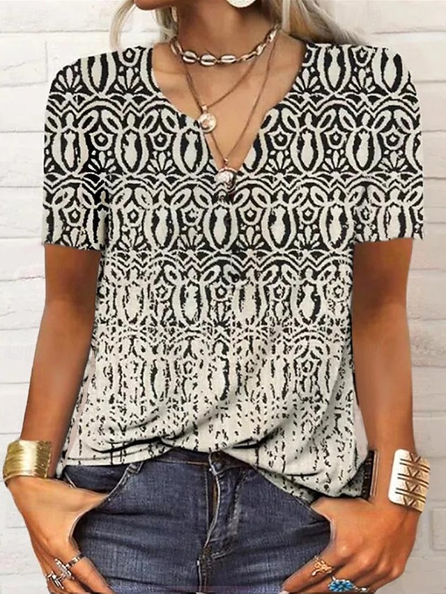  女性用 Tシャツ グラフィック プリント カジュアル 日常 ファッション ボヘミアン 半袖 Ｖネック ブラック 夏