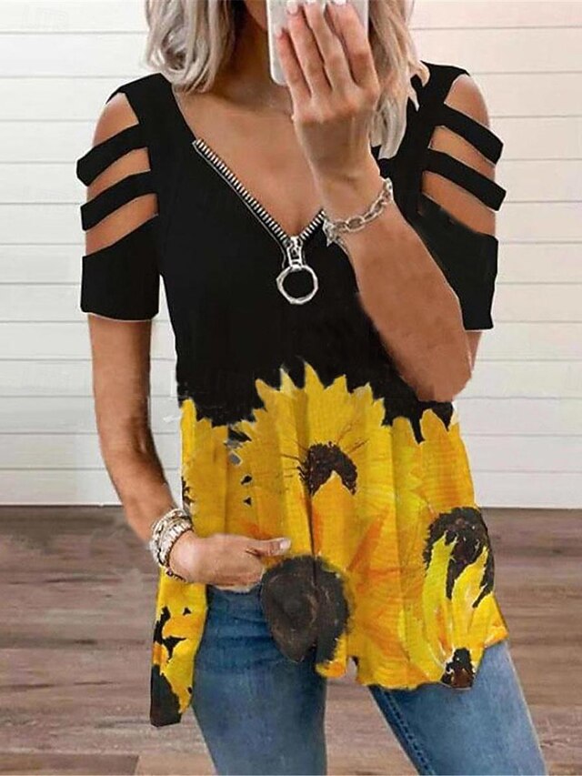 Women's Shirt Blouse Fashion Modern Color Block Patchwork Cut Out Print Short Sleeve Regular Tops V Neck Casual Black Rainbow Summer 6