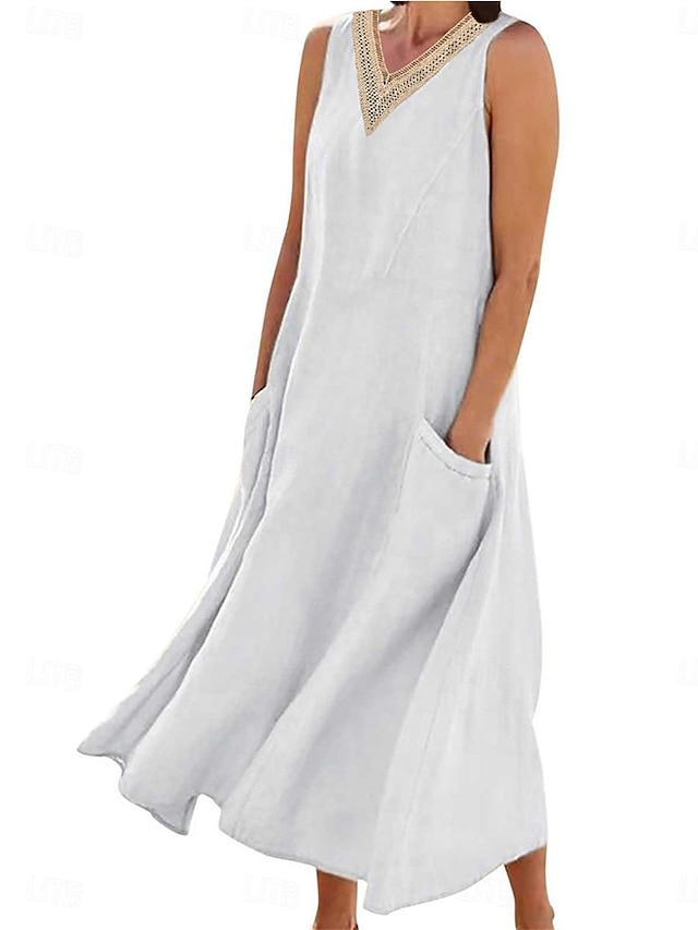  Mulheres Vestido branco Vestido de linho de algodão Vestido Swing Vestido maxi longo Bolsos Básico Diário Decote V Sem Manga Verão Primavera Preto Branco Tecido