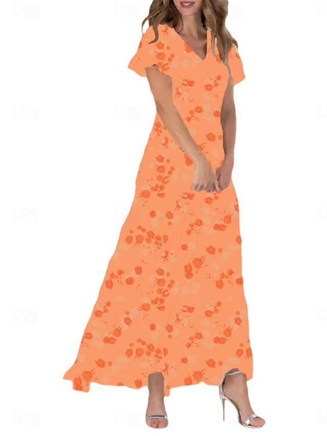 Women's Maxi Dress Floral Print V-Neck Flutter Sleeve Flowy Blue White Elegant Wedding Guest Garden Party Summer Spring Feminine Silhouette Lightweight Comfortable Various Sizes4