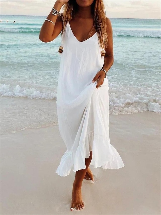  Damen Weißes Kleid Casual kleid Sommerkleid kleid lang Rüsche Verabredung Urlaub Strand Strassenmode Maxi V Ausschnitt Ärmellos Schwarz Weiß Gelb Farbe