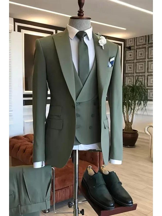  Trajes de graduación para hombre, color azul, verde militar, trajes de boda, color sólido, 3 piezas, ajuste formal a medida, un solo pecho, un botón, 2024