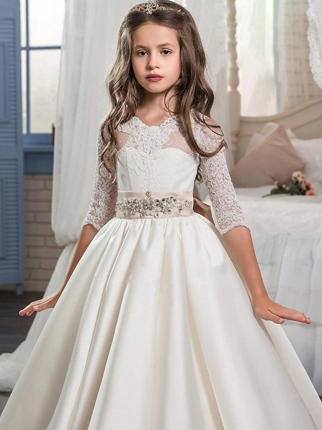  Ball Gown Floor Length Flower Girl Dress First Communion Girls Cute Prom Dress Satin with Sash / Ribbon Royal Style Boho Fit 3-16 Years