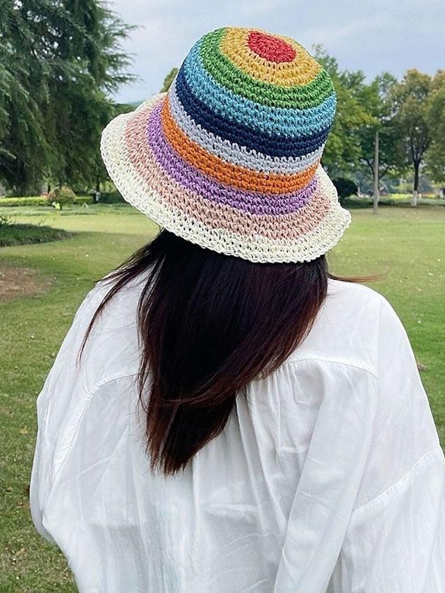  cappello di paglia da donna estivo fatto a mano all'uncinetto cappello da sole a strisce arcobaleno cappello da spiaggia pieghevole con protezione solare