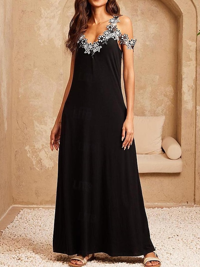  שמלה שחורה מודאלית לנשים בקו שמלת מידי תחרה רצועת טלאים ניגודיות ללא שרוולים חופשה יומית קיץ אביב