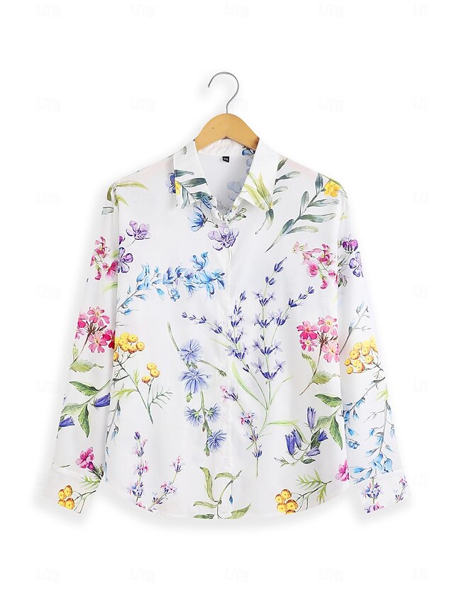 Women's Shirt Blouse Black White Purple Graphic Floral Button Print ...