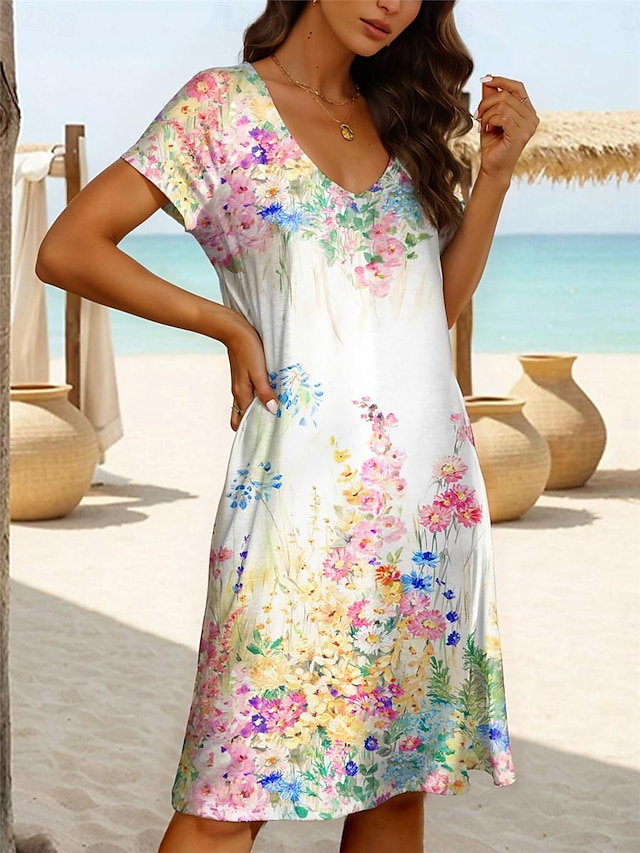  Women's Casual Dress Floral Print V Neck Midi Dress Vacation Short Sleeve Summer
