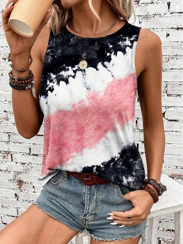 Women's Camisole Tank Top Tie Dye Vest Black Sleeveless Crew Neck Casual Vacation Stylish Summer 13