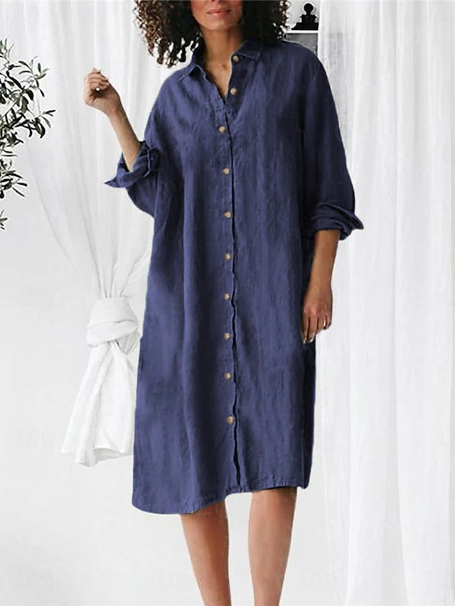 Women's Cotton Linen Dress Home Daily Bed Long Sleeve Lapel Wine Army Green Navy Blue Summer Spring 7