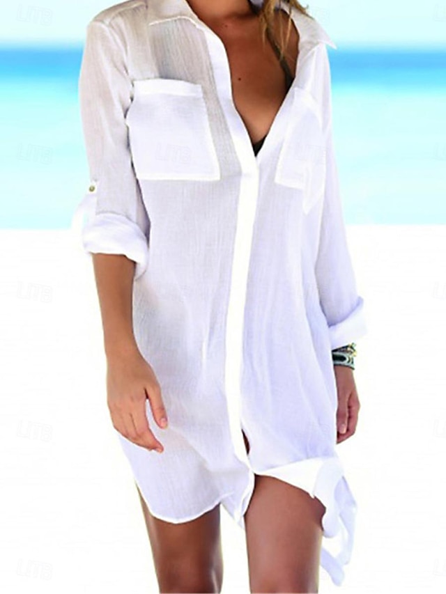  Mulheres Vestido branco Minivestido Botão Férias Praia Básico Colarinho de Camisa Manga Longa Preto Branco Azul Marinha Cor
