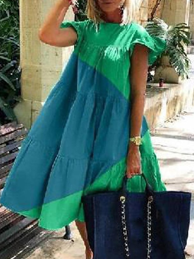  Robe casual Robe d'été Femme Mini robe Plissé Patchwork Vacances Hawaïen Col Ras du Cou Manche Courte Mince Vert S M L XL XXL