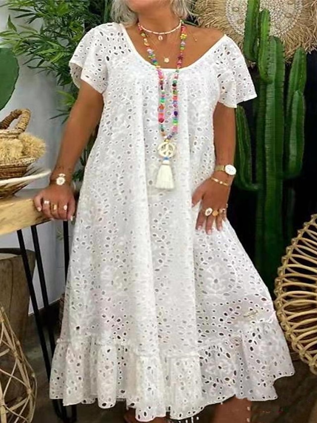  Damen Weißes Kleid kleid lang Baumwolle Spitze Rüsche Verabredung Strassenmode Maxi Rundhalsausschnitt Kurzarm Schwarz Weiß Farbe
