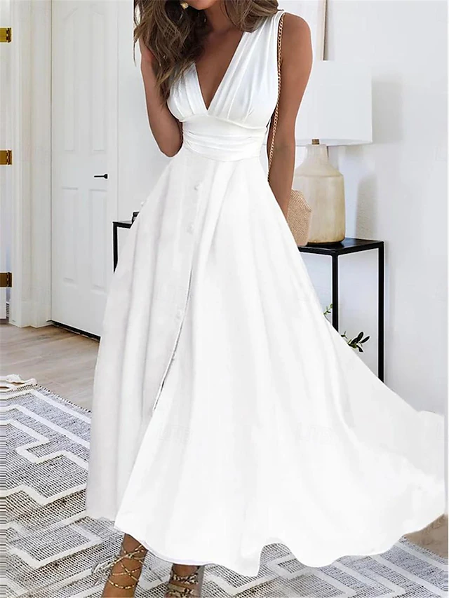 Women's Maxi Dress Elegant White V-Neck Sleeveless Cinched Waist A-Line Formal Evening Wedding Prom Spring Summer Full Size Flattering Fit Clothing Apparel 7