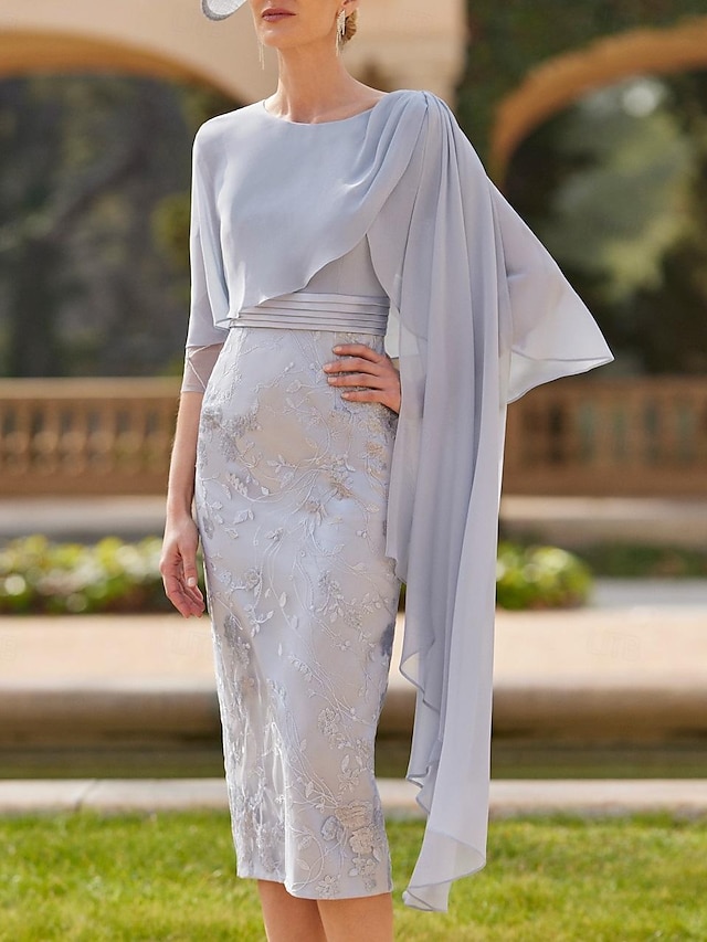  schede moeder van de bruid jurk elegante elegante jurk cape-jurk juweelhals theelengte chiffon 3/4 mouw met sjerp / lint applicaties 2024