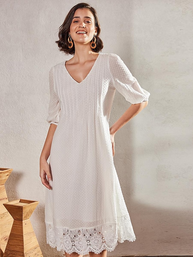  Γυναικεία Φόρεμα ριχτό από τη μέση και κάτω Μίντι φόρεμα Βαμβακερά λευκά είδη Δαντέλα Κουρελού Διακοπές Φουσκωτό Μανίκι Λαιμόκοψη V Μισό μανίκι Καλοκαίρι Άνοιξη Φθινόπωρο Λευκό