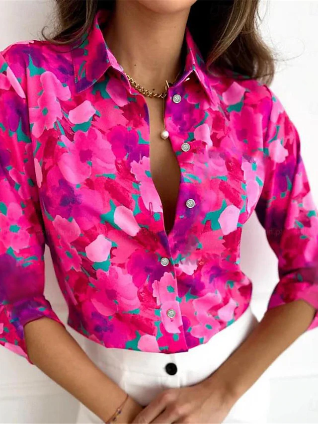 Women's Shirt Button Down Tunic Shirt Collar Long Sleeve Floral Print 3/4 Sleeve Spread Collar Pink Magenta White -Down Spring Casual Elegant Tropical Vacation Sizes Available 12