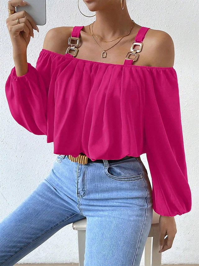 Shirt Blouse Women's Pink Plain Cold Shoulder Street Daily Fashion Off Shoulder Regular Fit S 6
