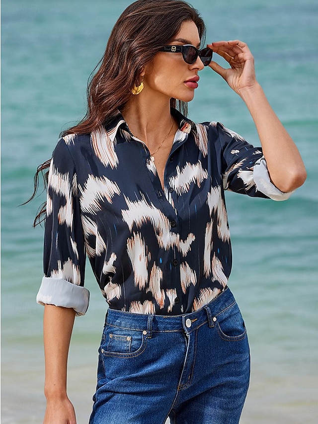  Pentru femei Cămașă Bluză Grafic Buton Imprimeu Casual Concediu Modă Șic Stradă Manșon Lung Guler Cămașă Bleumarin Primăvara & toamnă
