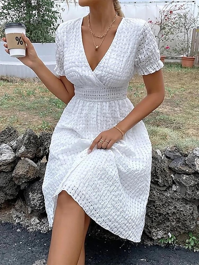  Γυναικεία Λευκό φόρεμα Μακρύ Φόρεμα Μάξι Φόρεμα Κουρελού Κουμπί Δουλειά Ημερομηνία Παραλία Χαβανέζα Μπόχο Λαιμόκοψη V Κοντομάνικο Φουσκωτό Μανίκι Λευκό Χρώμα
