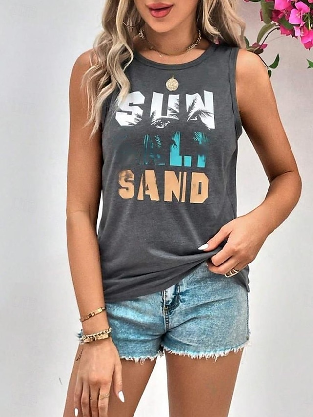  Women's Tank Top Vest Letter Print Casual Vacation Tropical Fashion Sleeveless Crew Neck Black Summer