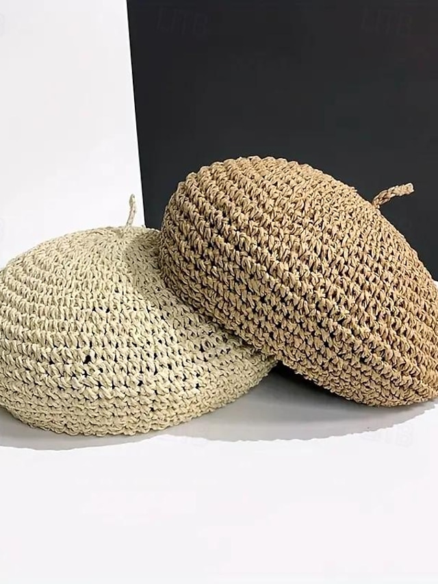  Straw Crochet Thin Beret Hats Solid Color Casual Painter Cap Lightweight Breathable Berets For Women Girls Spring & Summer