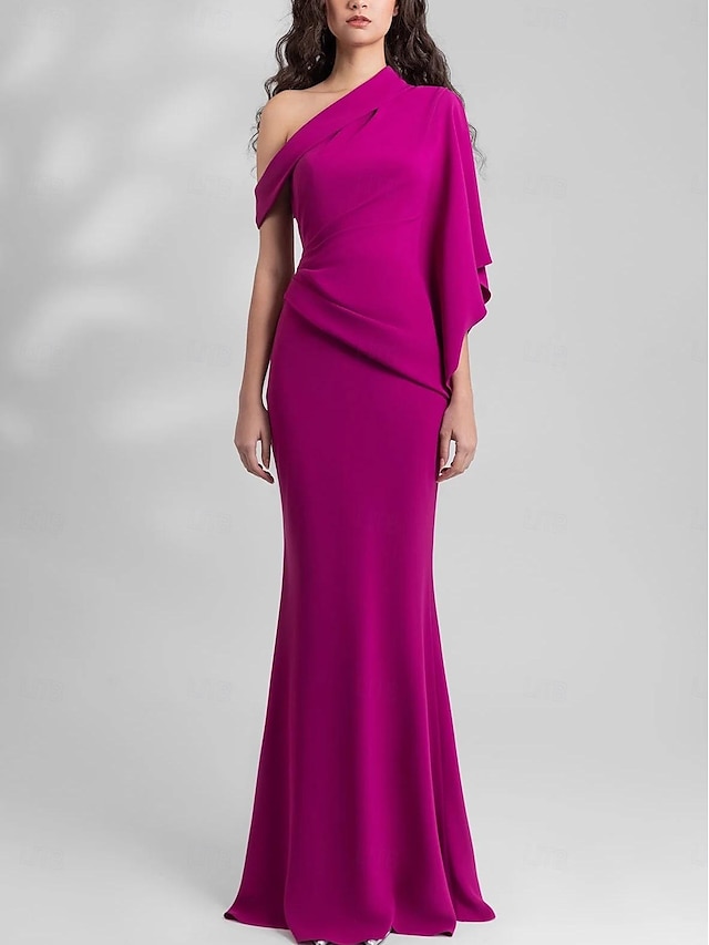  Mermaid / Trumpet Wedding Guest Dresses Elegant Dress Formal Wedding Guest Floor Length Sleeveless One Shoulder Pink Dress Chiffon with Pleats 2024