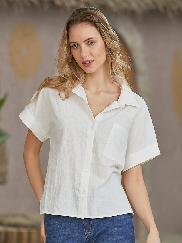  Women's Shirt Blouse Cotton Linen Plain Casual Button Pocket White Short Sleeve Elegant Fashion Basic Shirt Collar