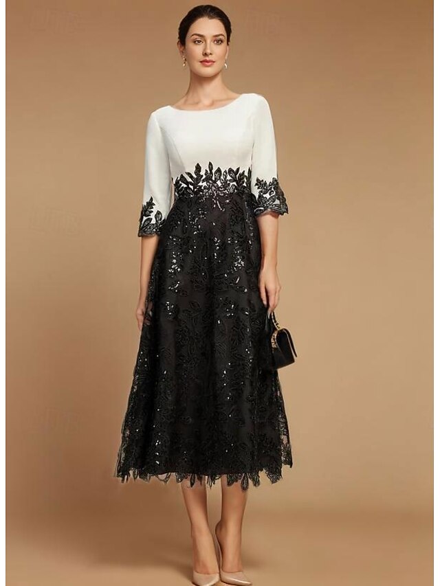 A-Line Mother of the Bride Dress Wedding Guest Elegant Vintage Jewel Neck Tea Length Lace Half Sleeve with Lace Color Block4