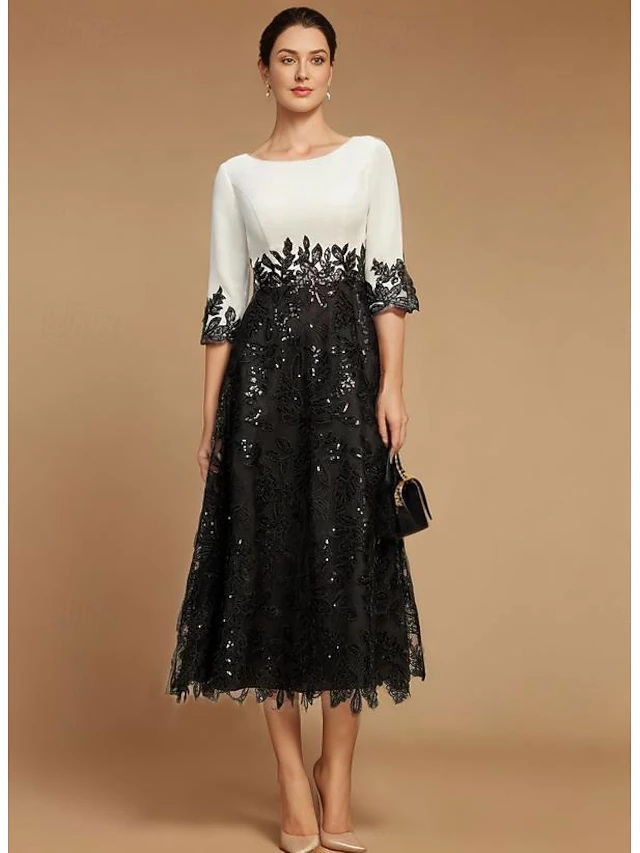A-Line Mother of the Bride Dress Wedding Guest Elegant Vintage Jewel Neck Tea Length Lace Half Sleeve with Lace Color Block4